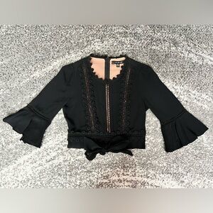 For Love & Lemons Black Lace Detail Crop Top 3/4 Flutter Sleeves, Tie Waist - S